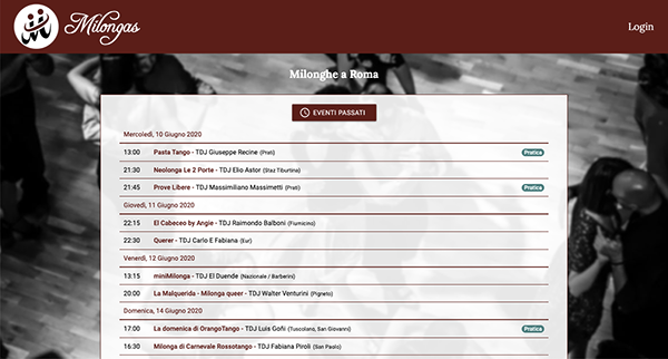 A screenshot of the website www.milongas.it